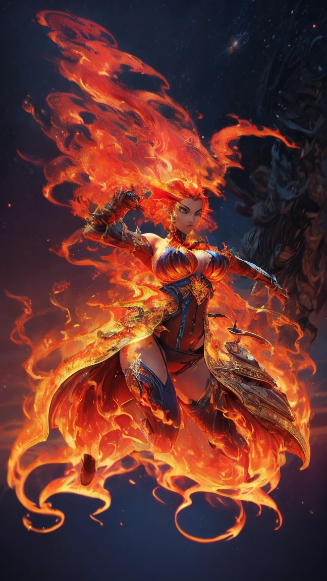 Fantasyart、(top-quality、masterpiece:1.2)、ultra-detailliert、(photoRealstic:1.1)、(sharp focus)、(A female spirit of melted flame that burns bright red:1.5)、(full body Esbian:1.4)、Detailed Molten Fire Elemental, fire demon wings、(Red and Yellow Blue Flame:1.5)、Being in a fantasy world。Fractal art of flame、kindly smile、beautiful face、A detailed face、perfectly proportions、big breasts、busty, curvy hips、navel、buttock、Crotch gap、thighs thighs thighs thighs、(Dynamic Poses:1.5)、Steampunk style、Detail Master 2、steampunc、Movie girl、Girl melts、
