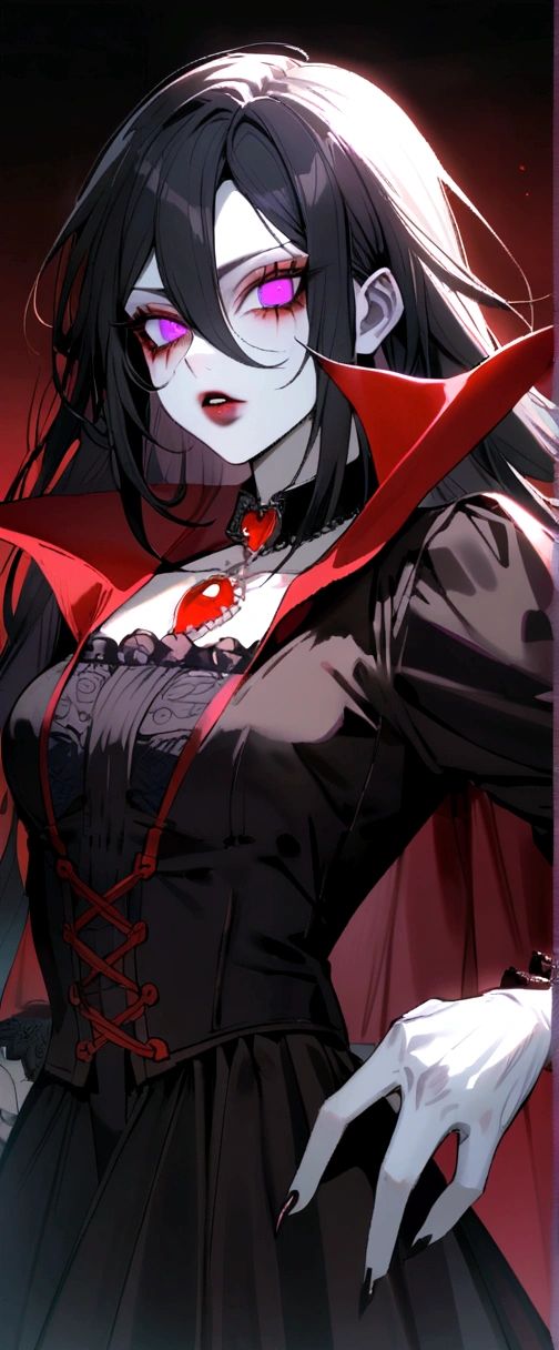 Vampire woman, on average of her 27 years, hot, long black and red dress, chest neckline, large chest, long black hair, various jewels of adornment, young and beautiful face, happy face, thirsty face, proud and hot, badass pose --auto --s2