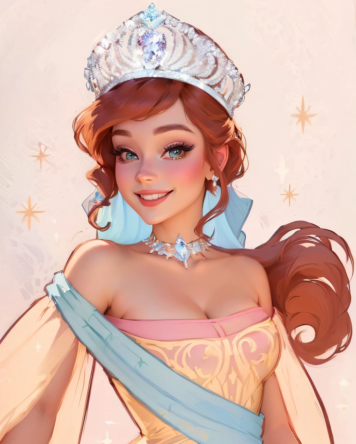 a cartoon drawing of a woman wearing a tiable and a dress, disney art style, princess portrait, disney concept art, disney artstyle, disney character style, smiling as a queen of fairies, beautiful female princess, art in the style of disney, disney character, portrait of megara, beautiful princess, disney art, portrait painting of a princess, disney concept artists