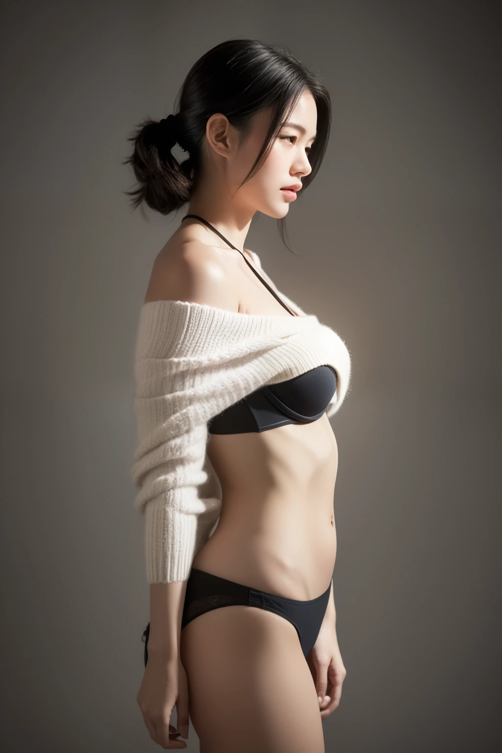 asian lady, She is wearing a soft white sweater relaxed neckline that casually ((drapes off one shoulder)), exposing slender shoulders with black bra trap, highlighted by the rays of light creating a radiant effect on her skin. , mid-shot , light rays, ((mid-shot, full body, slender waist)), Hair Up Do、 Glowing eyes, nose blush, Carl Larsson, Alfonse Mucha, Chiaroscuro, Film Glenn, reflective light, (((long-Shot))), knee to top,longshot show (((full body))), masterpiece, high details, ((gray background, studio light )) back-view