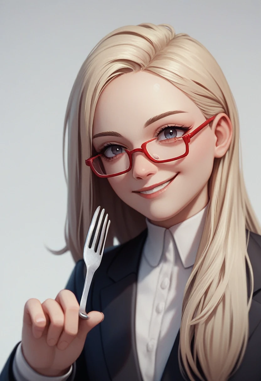 a blonde woman with long hair smiling), staring overhead, (only the bust), (Black Suit), (Red glasses), (holding fork), (3d style image).
