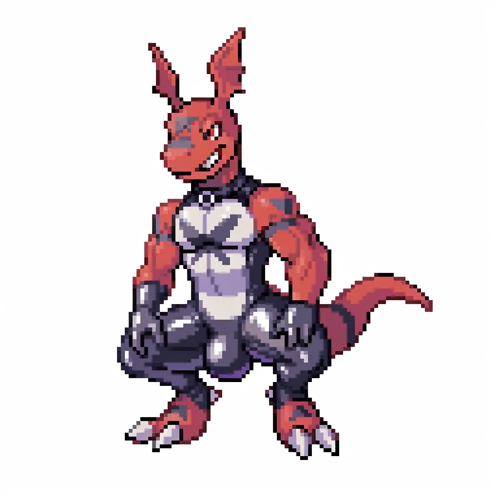 , anthro, guilmon, male, muscular anthro, muscular male, larg hips, tail, solo, blank background, closed mouth, grin, 2D, suggestive, dildo, dildo in ass, crouching, latex, latex suit, gimp suit, bulge, null bulge, massive bulge, 16_bit, pixelated, 
