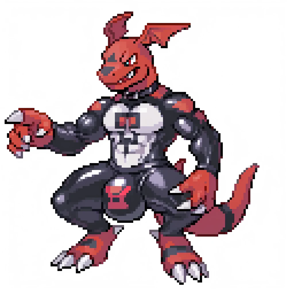 , anthro, guilmon, male, muscular anthro, muscular male, larg hips, tail, solo, blank background, closed mouth, grin, 2D, suggestive, dildo, dildo in ass, crouching, latex, latex suit, gimp suit, bulge, null bulge, massive bulge, 16_bit, pixelated,
