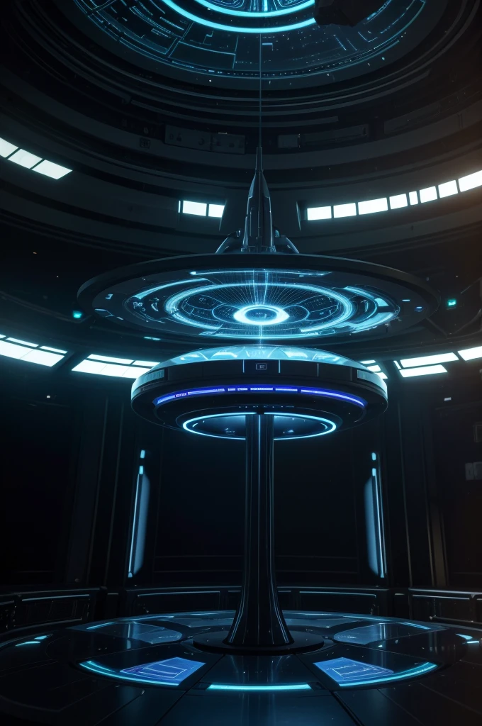 a detailed interior of a futuristic spaceship, meeting of aliens and humans, blade runner style, a round table at the center with a holographic planet earth projection at the center, holographic displays,cinematic lighting,highly detailed,photorealistic,best quality,8k,cinematic,dramatic lighting,advanced technology,futuristic,clean and minimalist design,metallic surfaces,glass and steel,dark moody atmosphere,dramatic shadows,glowing holograms,advanced computer systems,complex user interfaces,alien species,diverse group of characters