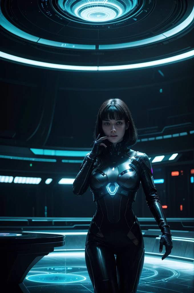 a detailed interior of a futuristic spaceship, meeting of aliens and humans, blade runner style, a round table at the center with a holographic planet earth projection at the center, holographic displays,cinematic lighting,highly detailed,photorealistic,best quality,8k,cinematic,dramatic lighting,advanced technology,futuristic,clean and minimalist design,metallic surfaces,glass and steel,dark moody atmosphere,dramatic shadows,glowing holograms,advanced computer systems,complex user interfaces,alien species,diverse group of characters