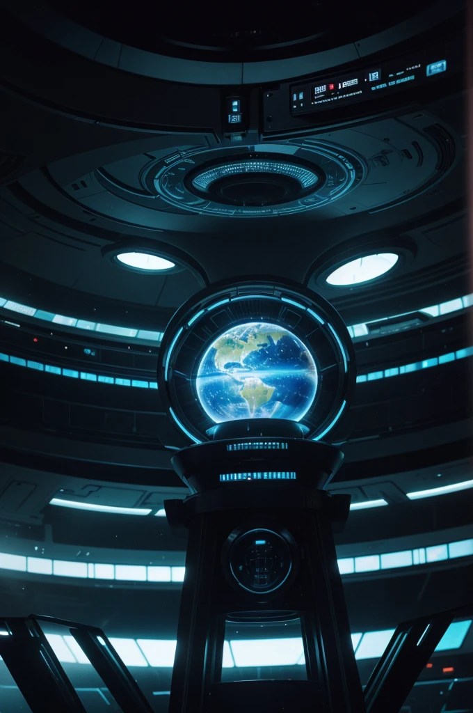 a detailed interior of a futuristic spaceship, meeting of aliens and humans, blade runner style, a round table at the center with a holographic planet earth projection at the center, holographic displays,cinematic lighting,highly detailed,photorealistic,best quality,8k,cinematic,dramatic lighting,advanced technology,futuristic,clean and minimalist design,metallic surfaces,glass and steel,dark moody atmosphere,dramatic shadows,glowing holograms,advanced computer systems,complex user interfaces,alien species,diverse group of characters