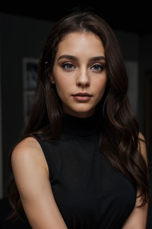 29 year old woman, long brown slightly curly hair, blue eye, visage parfait, professional makeup like model,  C et portant un haut noir