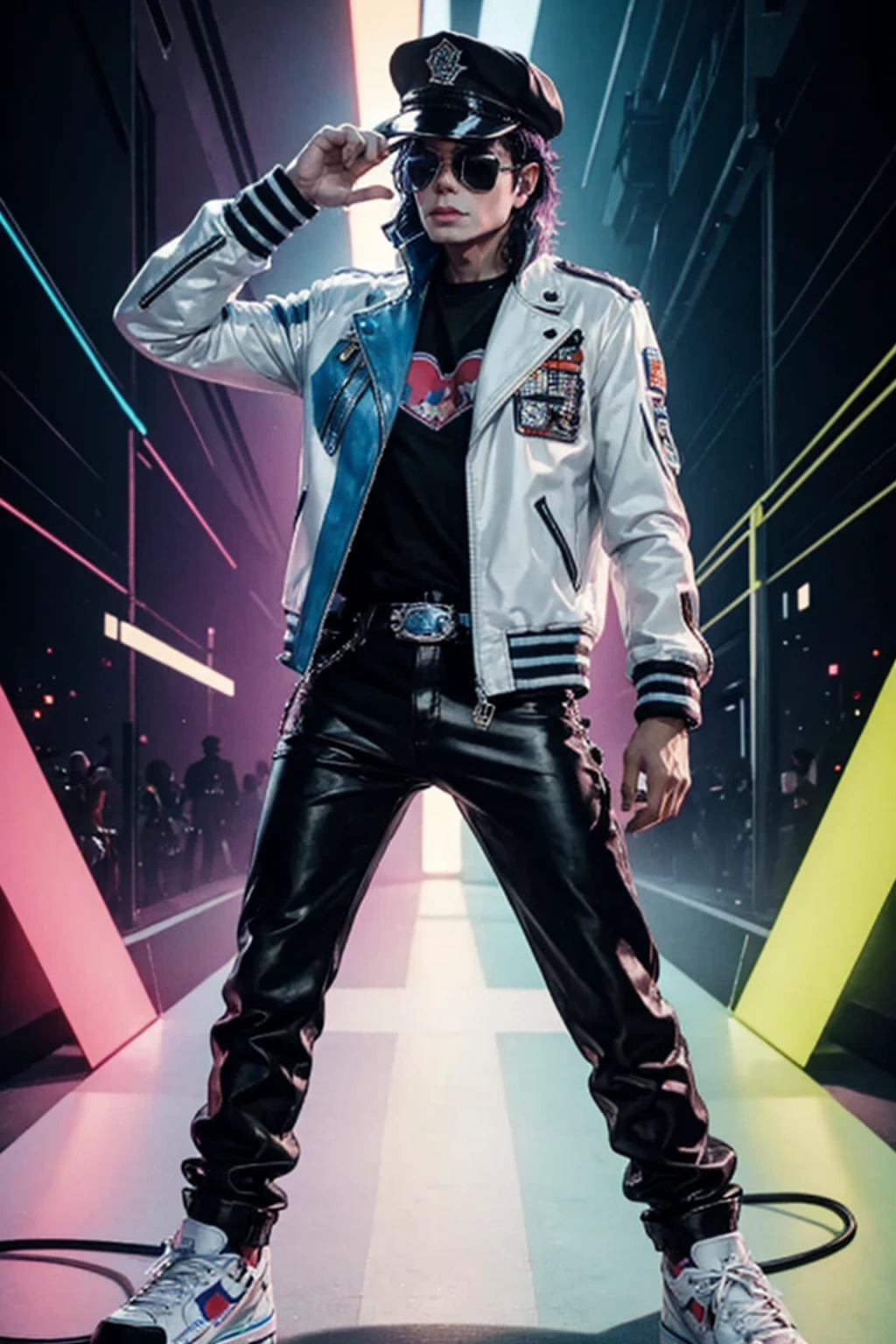 Michael Jackson punk ,standing in front, White shoe, wearing colored glasses, wearing jacket, cap, led shock beams, humanoid front , Art abstract, no estilo Alex Petruk