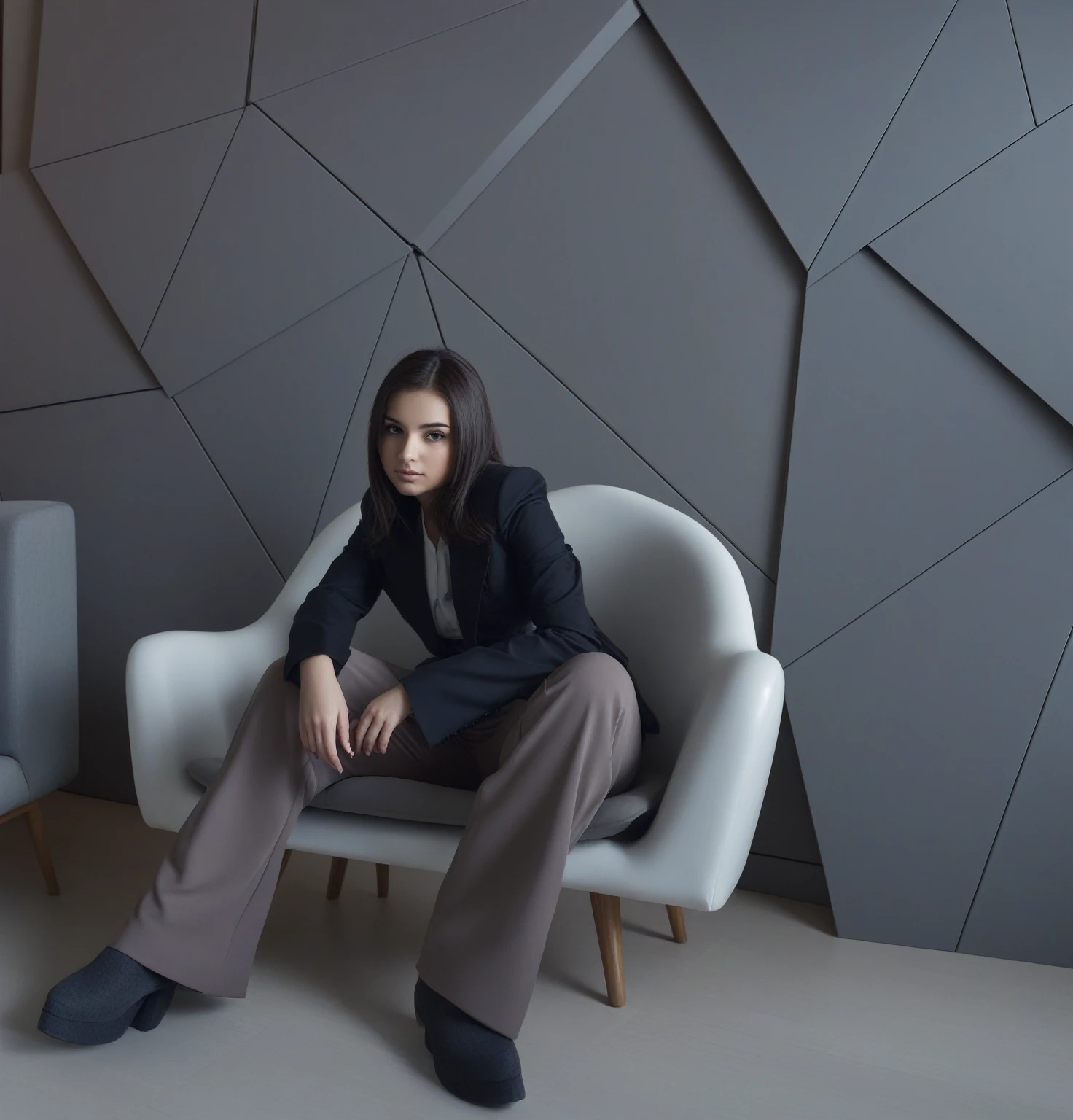 A girl sits on a chair in a room, photo from promo shoot, portrait shot, matte painting portrait shot, sitting in the living room, smooth _ Background, Commercial Photography, с vray, symmetrical middle ground, taken with a canon eos 5 d, shot on canon eos 5 d, inspired by Carlo Mense, editorial photography