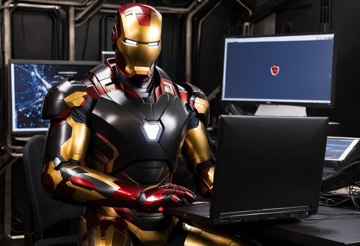 make Iron Man with his armor red and gold on his face but wearing a black suit holding a computer in the background as if he were in dark and serious space. An image that demonstrates seriousness and power when working as a freelancer, looking at the camera, from the front, high quality image