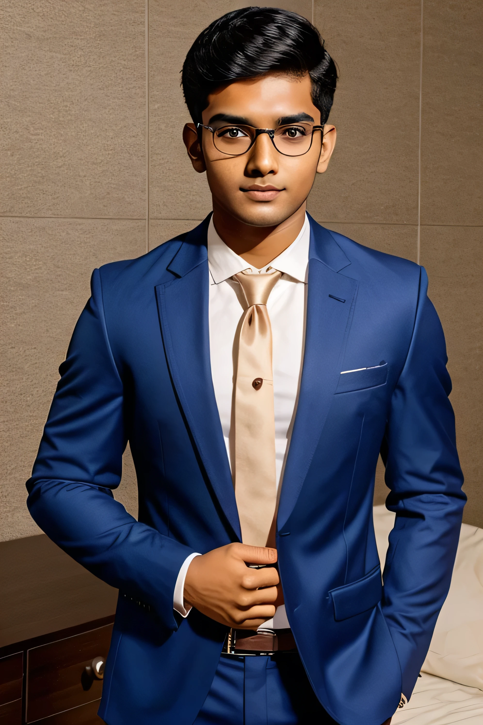 21 year old indian boy with fair skin wearing spectacles and narrow body posing for a linkedin picture in formals