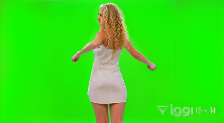wide shot, (((backview))))) of a full body 3/4 back view view profile portrait photo of a 25 y.o. beautiful european woman wearing (((white short summer dress ))),(((Long ((blonde curly hair)))),fit slim body, ((pale skin)), detailed long hair blown in the wind,(((she stands slightly splayed, outstreched arms down in back view))), full body photo, ((((standing in "A" positure,))) (((3/4 back view)))))f, wearing white short summer dress, skinny fit body,  nice legs, studio photo,studio lighting, GREEN BACKGROUND,Full body portrait, lifelike texture, dynamic composition, high contrast, real human skin, (skin pores: 0.8), real human hands, detailed hair, studio photo, fashion photo, !!!!not nude!!!, not nsfw, neutral colors, natural lights, realistic textures, photorealistic, hyperrealistic, confident expression, determined, dramatic, ultra-high res, 8k uhd, dslr, analog, RAW, high quality, film grain, photogrphed on Nikon, Fujifilm XT3, 85mm F1.2, 1/80 shutter speed,