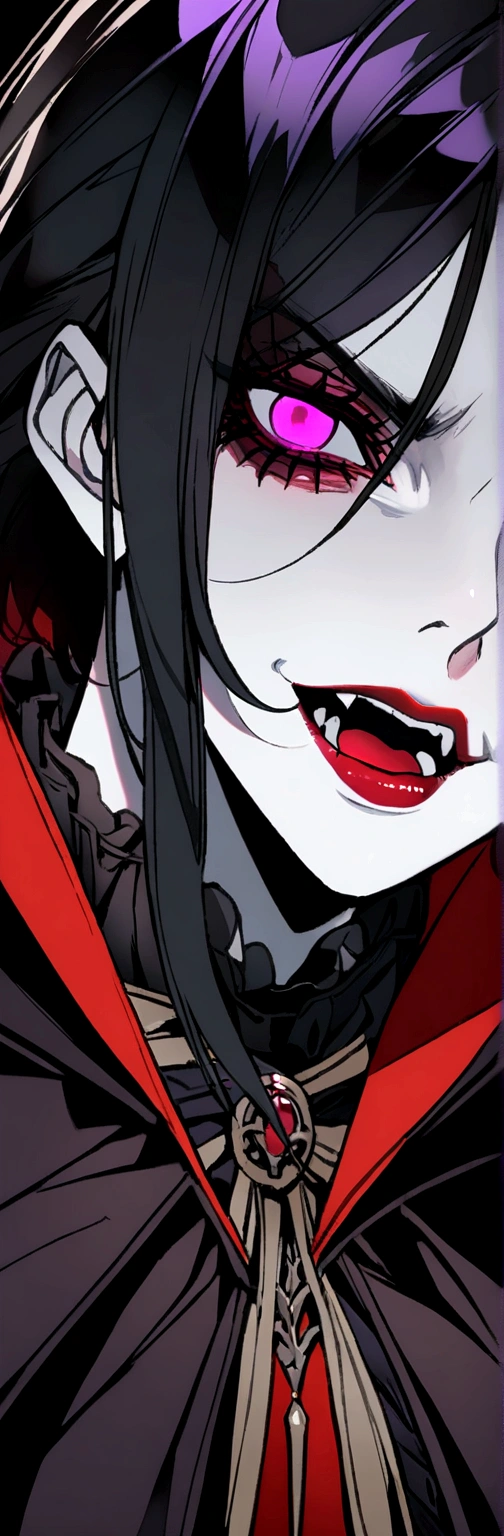 A vampire, white skin vampire, purples eyes, Long black hair, red cape and black clothes