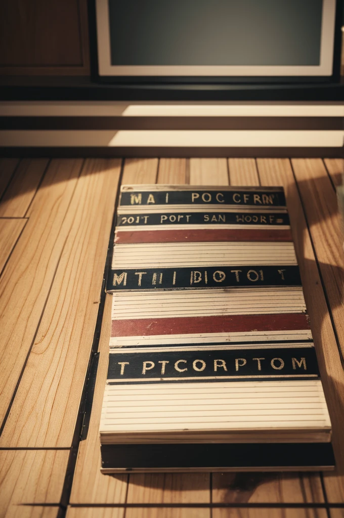 striped package of popcorn,movie clapperboard,film tape roll,movie screen,in an empty room