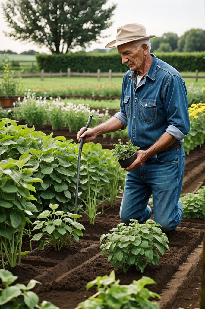 Old farmer gardening