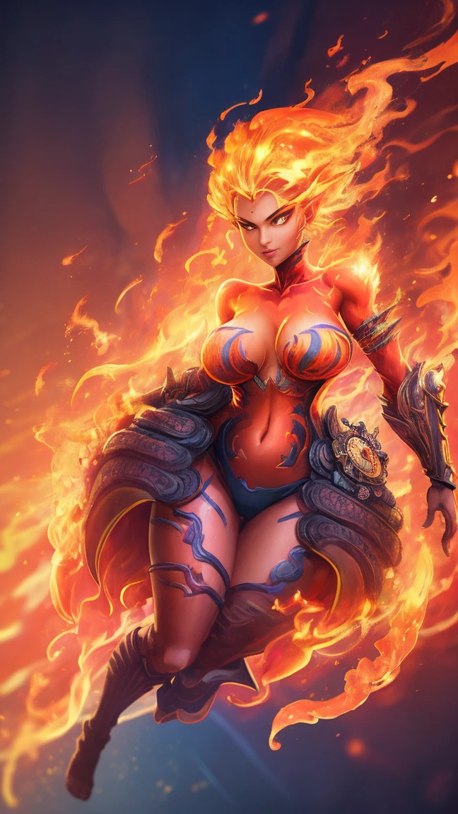 Fantasyart、(top-quality、masterpiece:1.2)、ultra-detailliert、(photoRealstic:1.1)、(sharp focus)、(A female spirit of melted flame that burns bright red:1.5)、(full body Esbian:1.4)、Detailed Molten Fire Elemental, fire demon wings、(Red and Yellow Blue Flame:1.5)、Being in a fantasy world。Fractal art of flame、kindly smile、beautiful face、A detailed face、perfectly proportions、big breasts、busty, curvy hips、navel、buttock、Crotch gap、thighs thighs thighs thighs、(Dynamic Poses:1.5)、Steampunk style、Detail Master 2、steampunc、Movie girl、Girl melts、