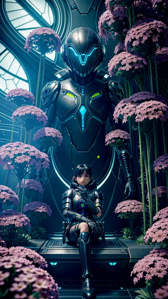 a young boy sitting in front of a giant alien plant, cgsociety 9, cgsociety ), nekro xiii, nekro iii, cgsociety, love death and robots, dreampunk romanticism artwork, kind cyborg girl with flowers, 2. 5 d cgi anime fantasy artwork, still from alita, realistic anime 3 d style, high definition cgsociety