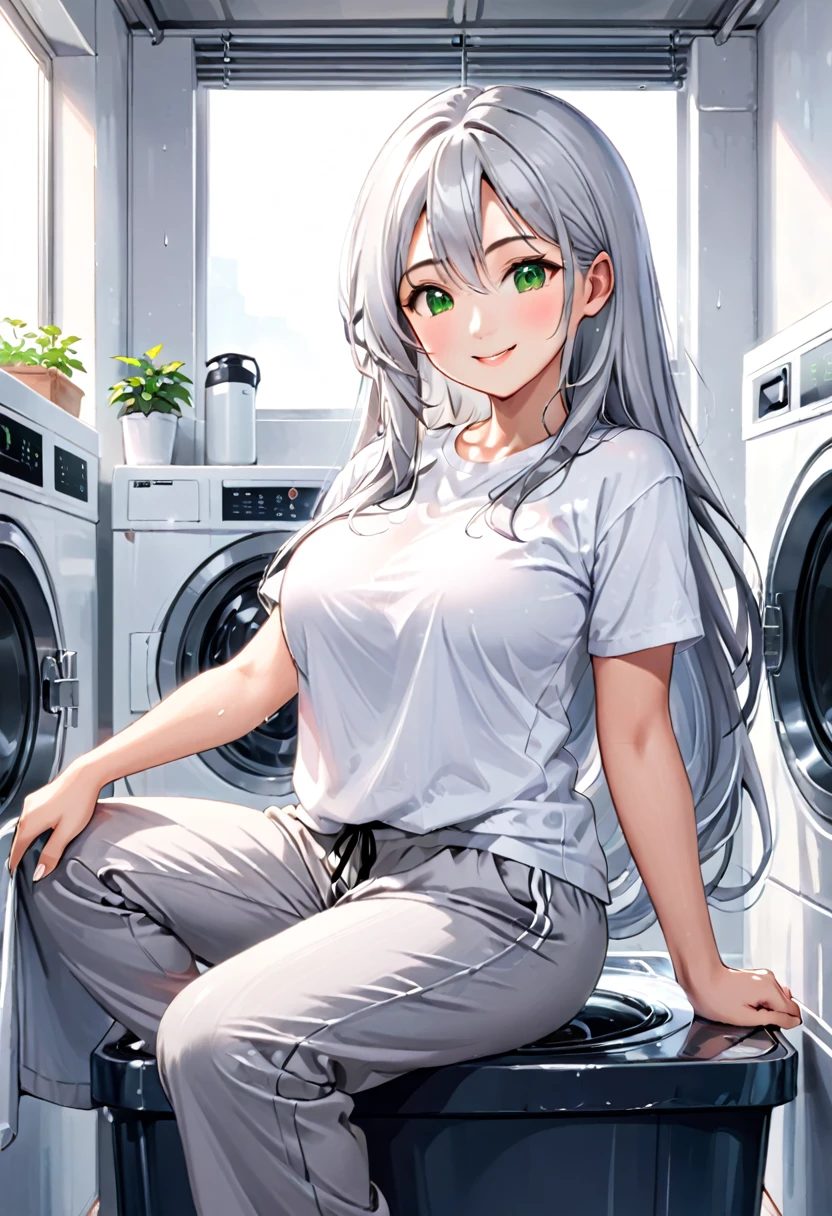 Pretty asian woman, bright silver hair, long hair, green eyes, busty, sweat pants and a white t shirt, cute, anime style, sitting on a washing machine, smiling