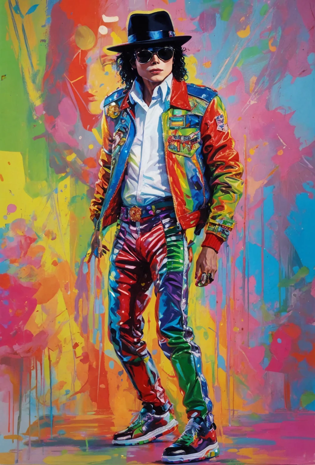 Michael Jackson punk ,standing in front, White shoe, wearing colored glasses, wearing jacket, cap, led shock beams, humanoid front , Art abstract, no estilo Alex Petruk