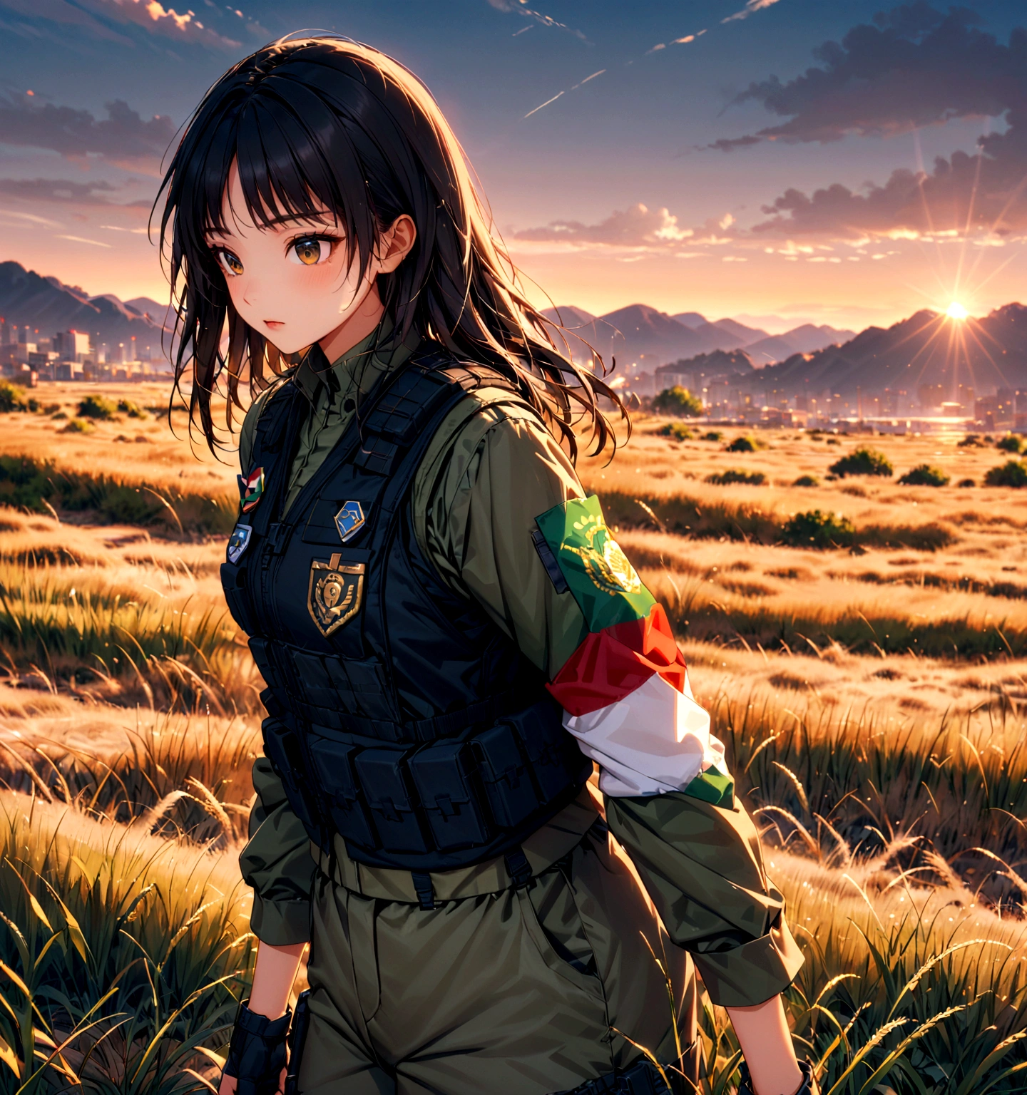 Asian woman with green tactical camouflage,light brown and pixelated lime green standing in a grass field in the evening light wearing a tactical vest with the letters "MARINA" with a badge of the Mexican flag on his left arm