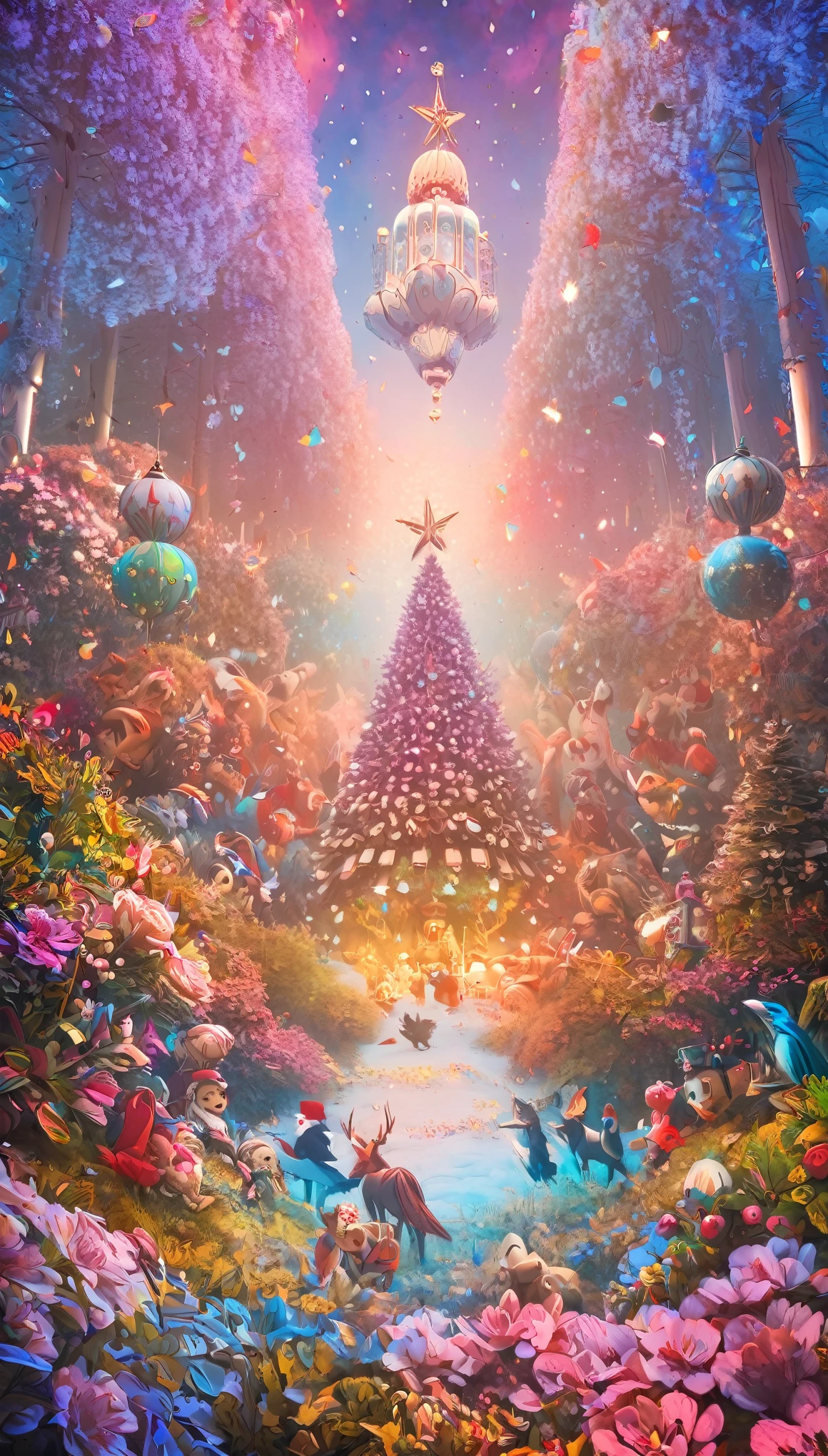 Aesop, Andersen, Grimm, Nutcracker style image, best quality, super fine, 16k, incredibly absurdres, extremely detailed, 2.5D, delicate and dynamic, a lot of different animals are gathered together and having a lively time, glitter effect, background pastel and vivid color forest