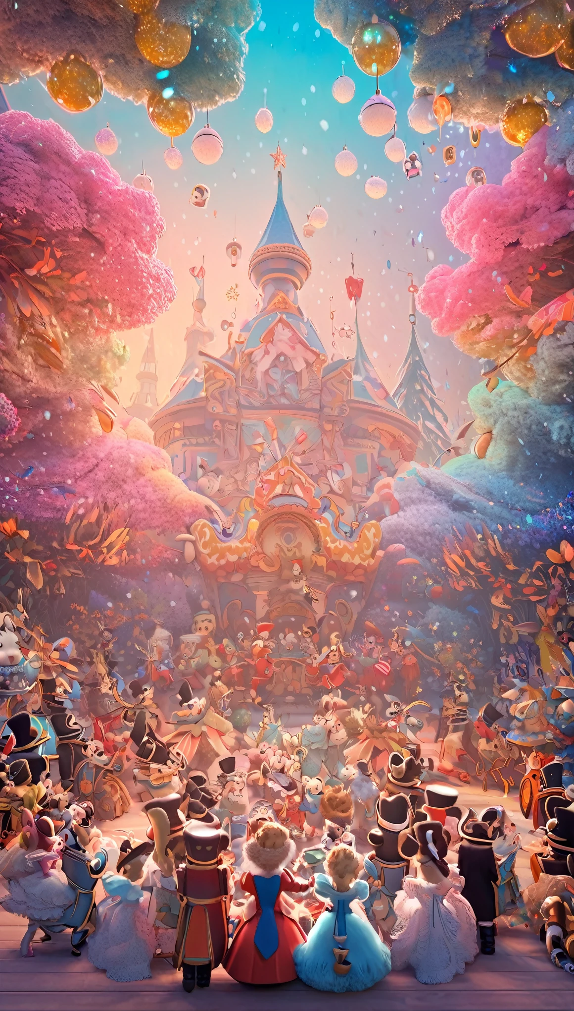 Aesop, Andersen, Grimm, Nutcracker style image, best quality, super fine, 16k, incredibly absurdres, extremely detailed, 2.5D, delicate and dynamic, a lot of different cute animals are gathered together and having a lively time, glitter effect, background pastel and vivid color forest