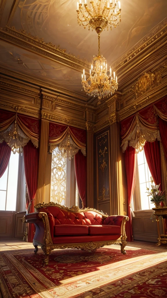 A captivating depiction of the interior of a luxurious and majestic castle room, full of intricate details in gold and warm colors like red, The room has a bright reddish aura with lights coming in from the window..