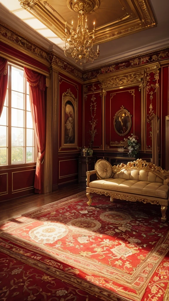 A captivating depiction of the interior of a luxurious and majestic castle room, full of intricate details in gold and warm colors like red, The room has a bright reddish aura with lights coming in from the window.. 