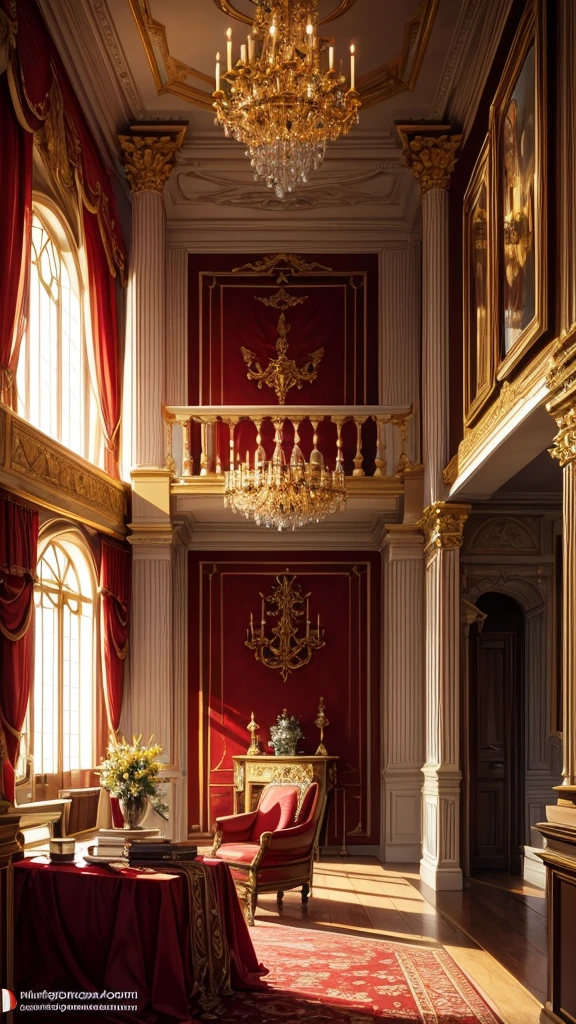 A captivating depiction of the interior of a luxurious and majestic castle room, full of intricate details in gold and warm colors like red, The room has a bright reddish aura with lights coming in from the window.. 