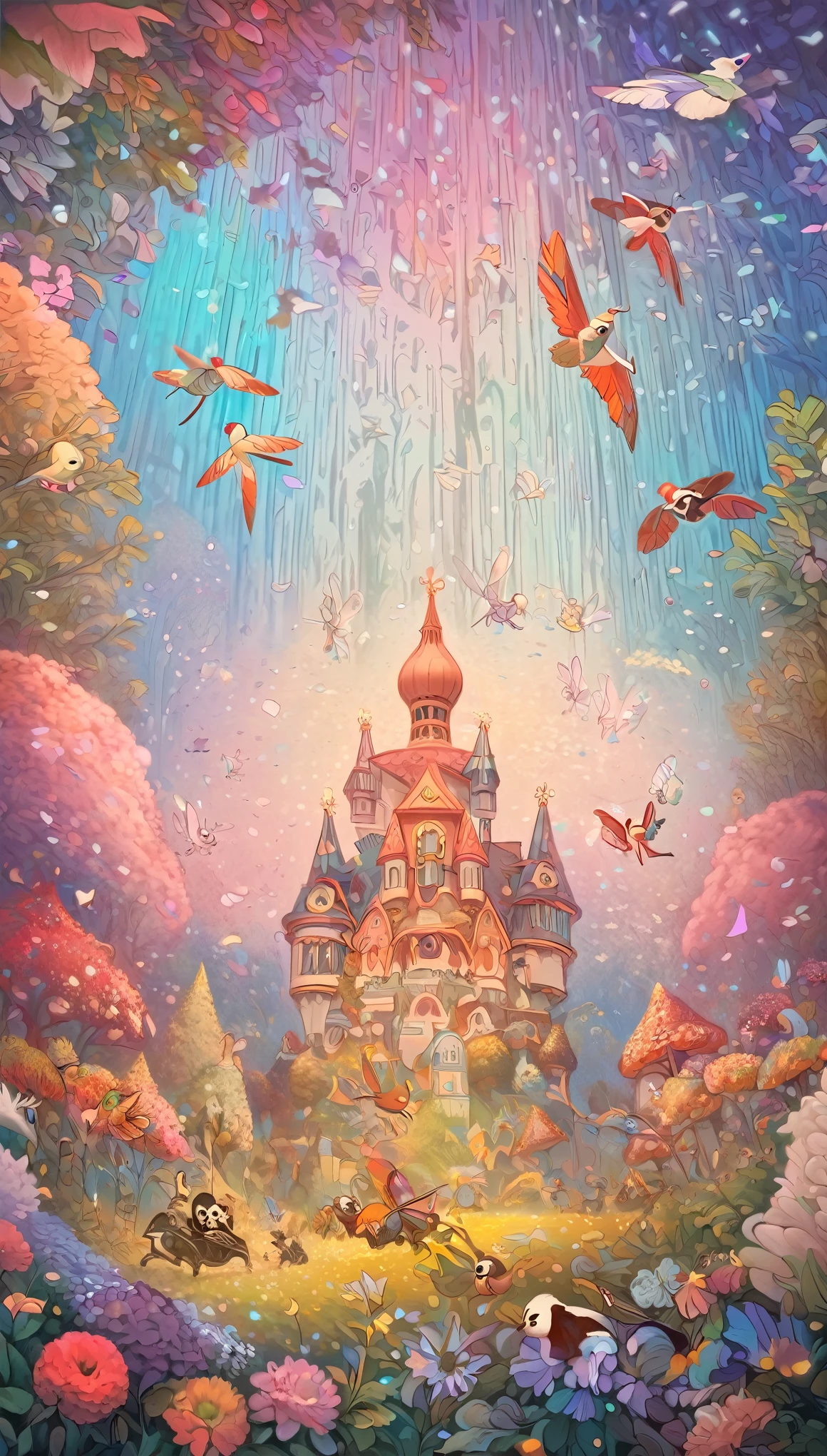 Aesop's Fables, Andersen's Fairy Tales, Grimm's Fairy Tales, The Nutcracker-like illustration style, best quality, super fine, 16k, incredibly absurdres, extremely detailed, 2.5D, delicate and dynamic, a lot of different animals are gathered together and having a lively time, glitter effect, background pastel and vivid color forest