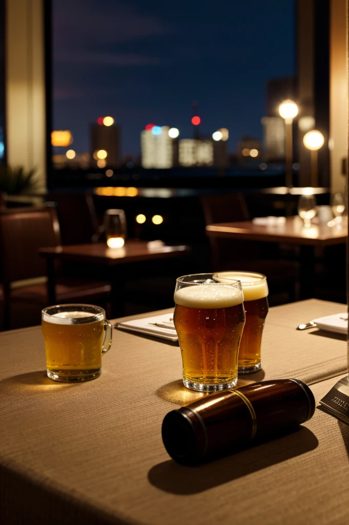 A hotel table night view with two small beer glasses