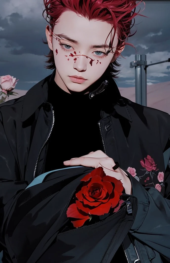A vast desert landscape, pink clouds in the sky, a land overgrown with thorny roses