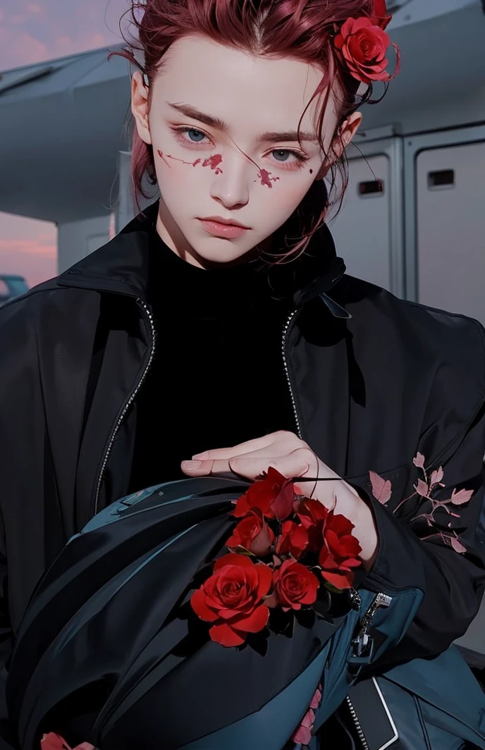 A vast desert landscape, pink clouds in the sky, a land overgrown with thorny roses
