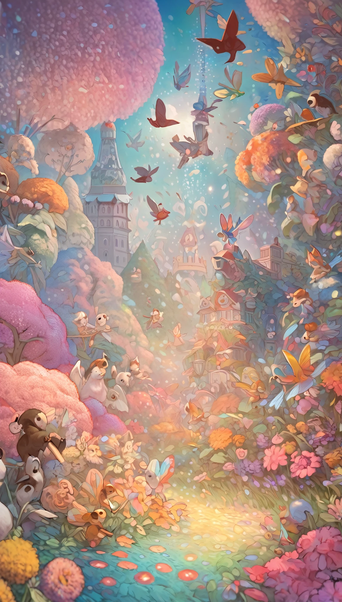 Aesop's Fables, Andersen's Fairy Tales, Grimm's Fairy Tales, The Nutcracker-like illustration style, best quality, super fine, 16k, incredibly absurdres, extremely detailed, 2.5D, delicate and dynamic, a lot of different cute animals are gathered together and having a lively time, glitter effect, background pastel and vivid color forest