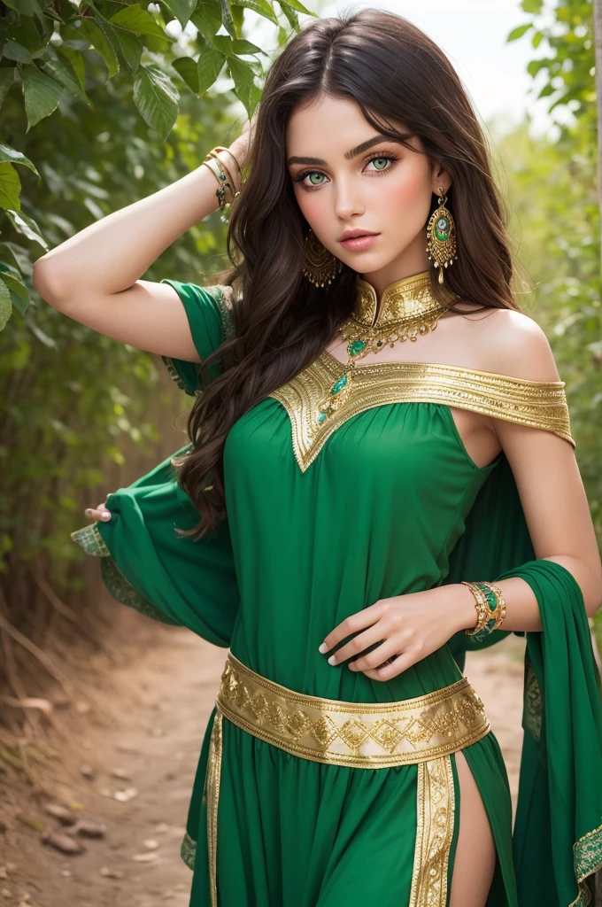 Gypsy woman with green eyes and brunette, with a pretty green dress and gold patches