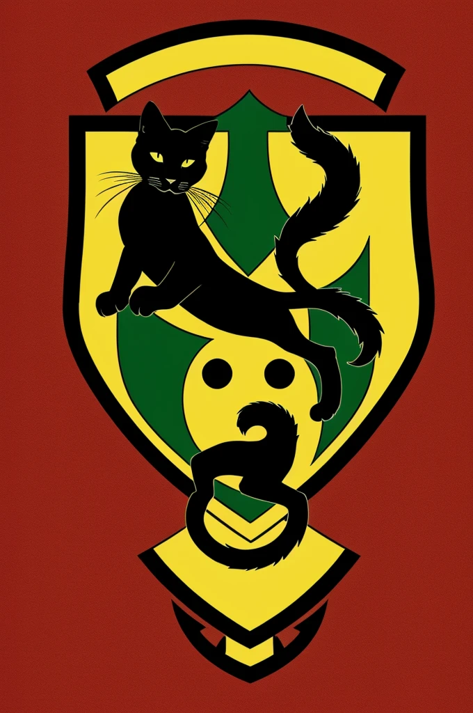 A logo of a black cat with its paws up also with an almost angry black puma and everything inside a red, yellow and green shield and below the shield it says CATS BLACK with perfect letters