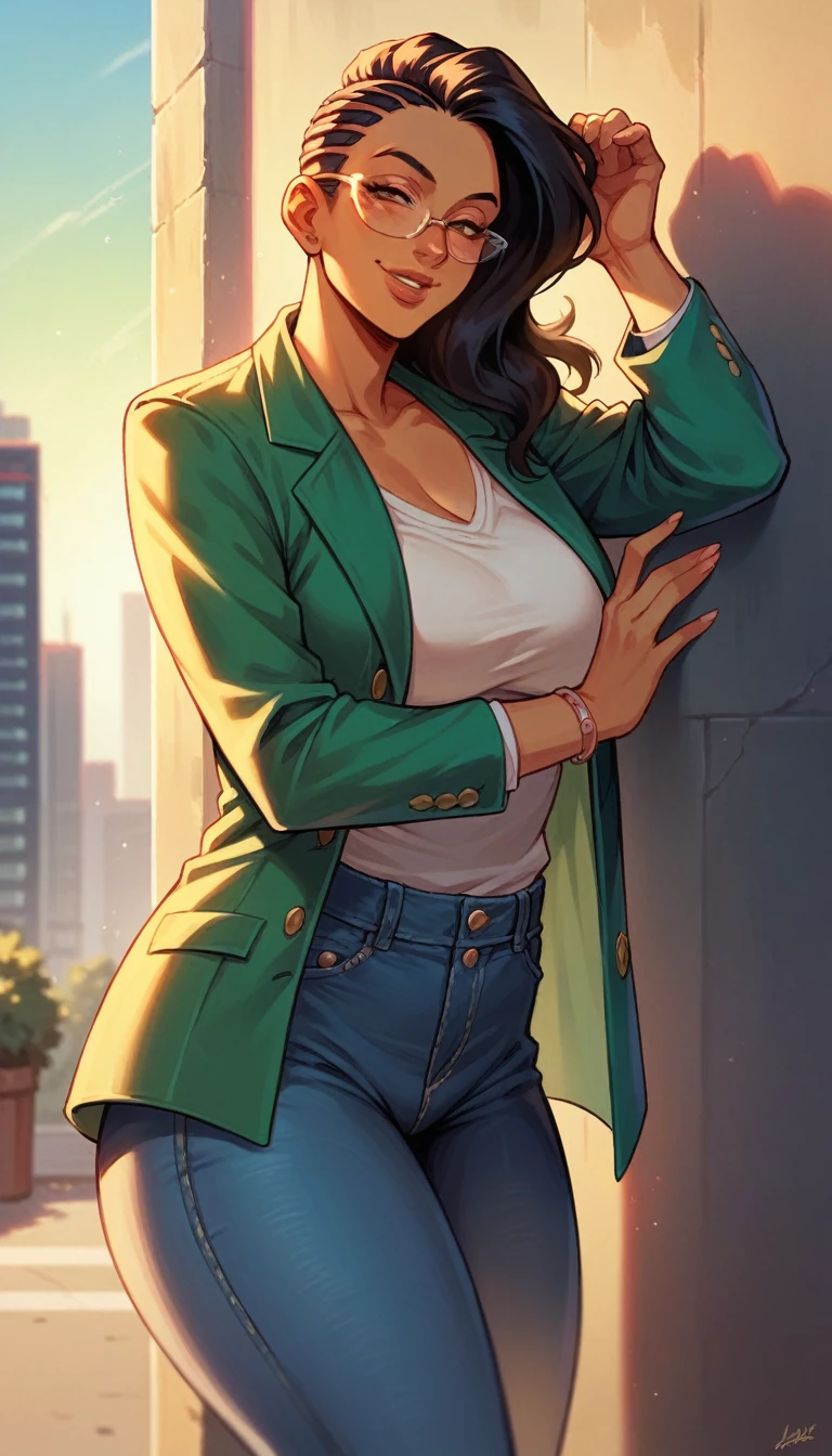 laura matsuda, mature, brown skin, green suit, glasses chocker, jeans,leaning against the wall, smile, morning, city, strong, closed lips, full lips
