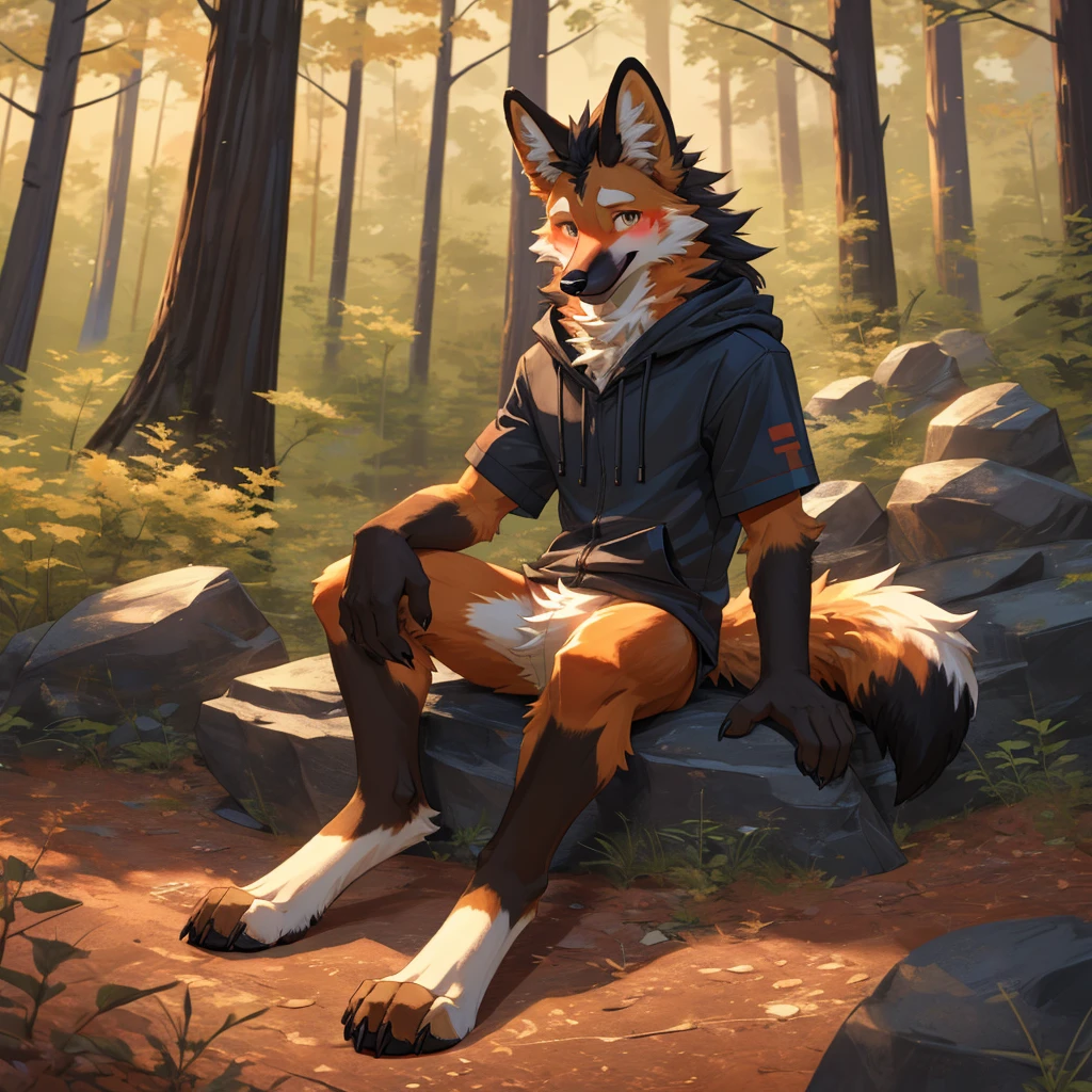 anthro,solo,Ambiguous gender,mammal,canid,canine,maned wolf,multicolor body,happy,canis, hi res,fur,clothed,bottomless,sitting,submissive,blush,full face blush,looking at viewer,claws,(featureless crotch),forest,rocks,outside,digitigrade,full body