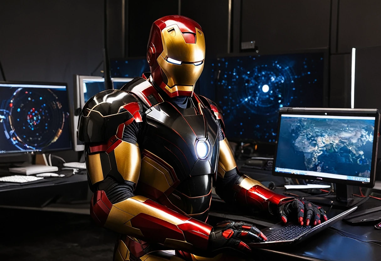do Iron Man with his red and gold armor on his face, ((((wearing a black suit)))) holding a computer in the background, as if he were in a dark and serious space. An image that demonstrates seriousness and power when working as a freelancer, looking at the camera, from the front, high quality image