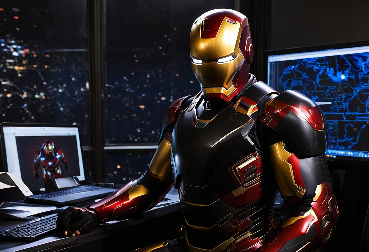 do Iron Man with his red and gold armor on his face, ((((wearing a black suit)))) holding a computer in the background, as if he were in a dark and serious space. An image that demonstrates seriousness and power when working as a freelancer, looking at the camera, from the front, high quality image