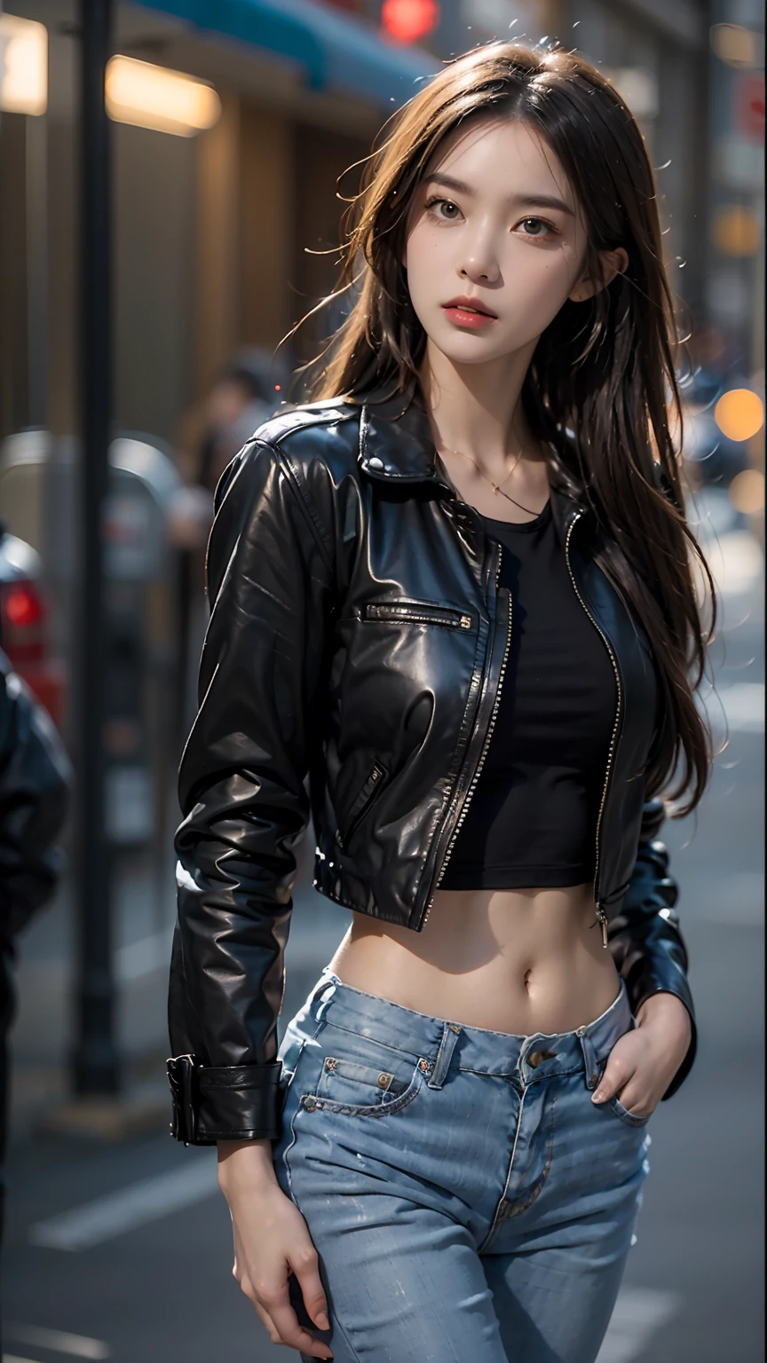 Portrait of emb-haiz, beautiful face, in cyberpunk city at night. She is wearing a leather open jacket,lingerie,  black jeans, dramatic lighting, (police badge:1.2).