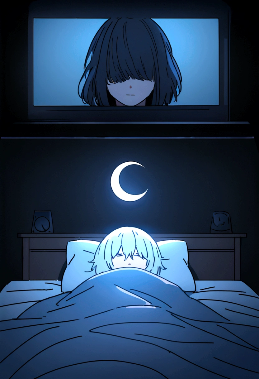 Create a thumbnail for our video on sleep and the harmful effects of blue light at night. The thumbnail should be eye-catching and reflect the subject of the video. Use dark colors to represent the night and visual elements such as a light bulb, a phone or computer screen, and a sleep symbol (such as a bed or a crescent moon). You can also include an image of a person having trouble sleeping or covering their eyes to protect themselves from the light. Make sure the thumbnail is clear and easy to understand to encourage people to click on the video.
