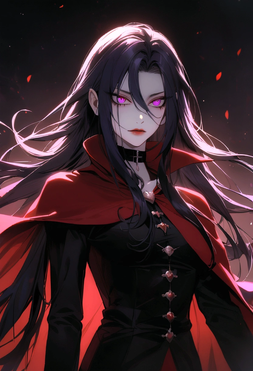 Um Vampiro, white skinned vampire, purples eyes, long black hair, red cape and black clothes, long hair