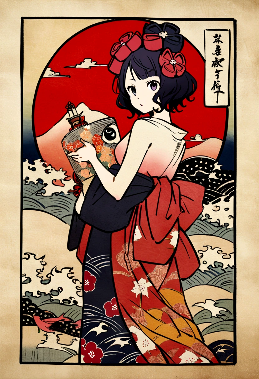 Anthropomorphic cat, bathing in a Goemon Buro, Oke, Japanese and cat screens in background, Katsushika Hokusai, Utagawa Kuniyoshi, delicate and detailed, Ukiyoe style, girl