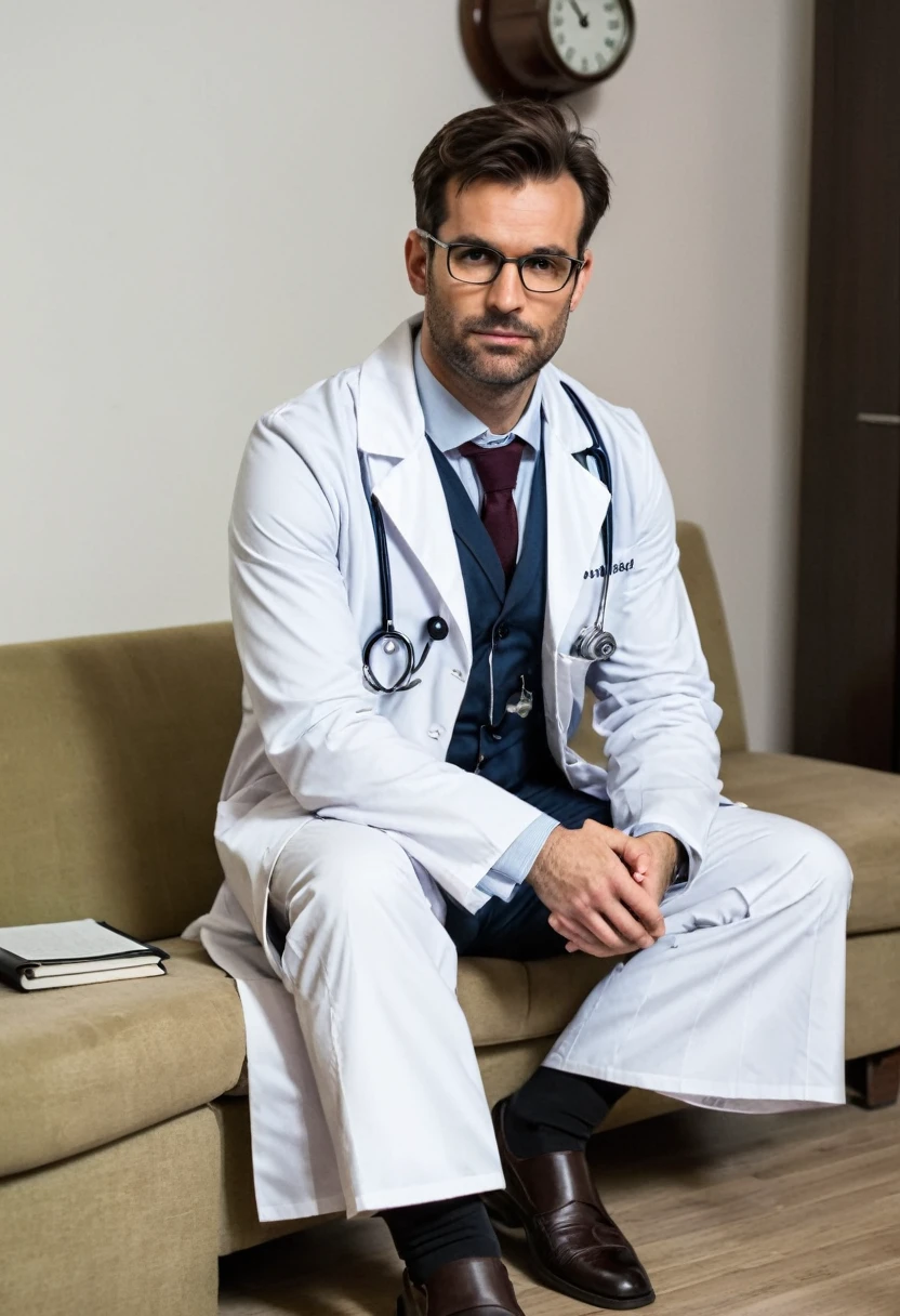 RAW photo, full body, a 35-year-old man, dressed as a doctor, is sitting on a guest sofa, looking towards the audience, wearing shoes, with both hands forward on his knees.