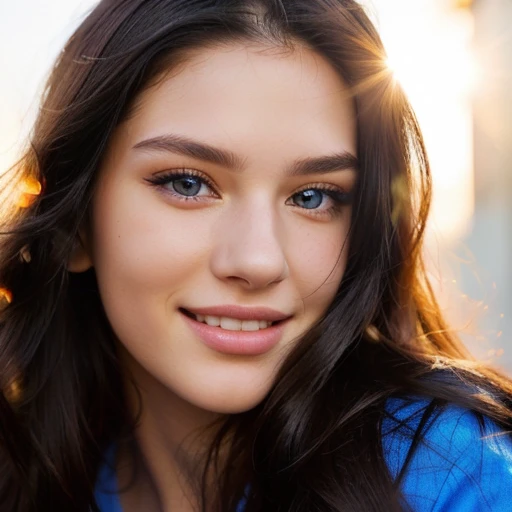 Gorgeous woman with long black hair and a red shirt, perfectly lit face, face is brightly lit by sunlight , headshot profile picture, 20 years old girl, 20 years old woman, detailed unblurred face, full face , close up face, looking straight to camera, perfectly eyes, amazing blue eyes,flirty smile,amazingly smile,