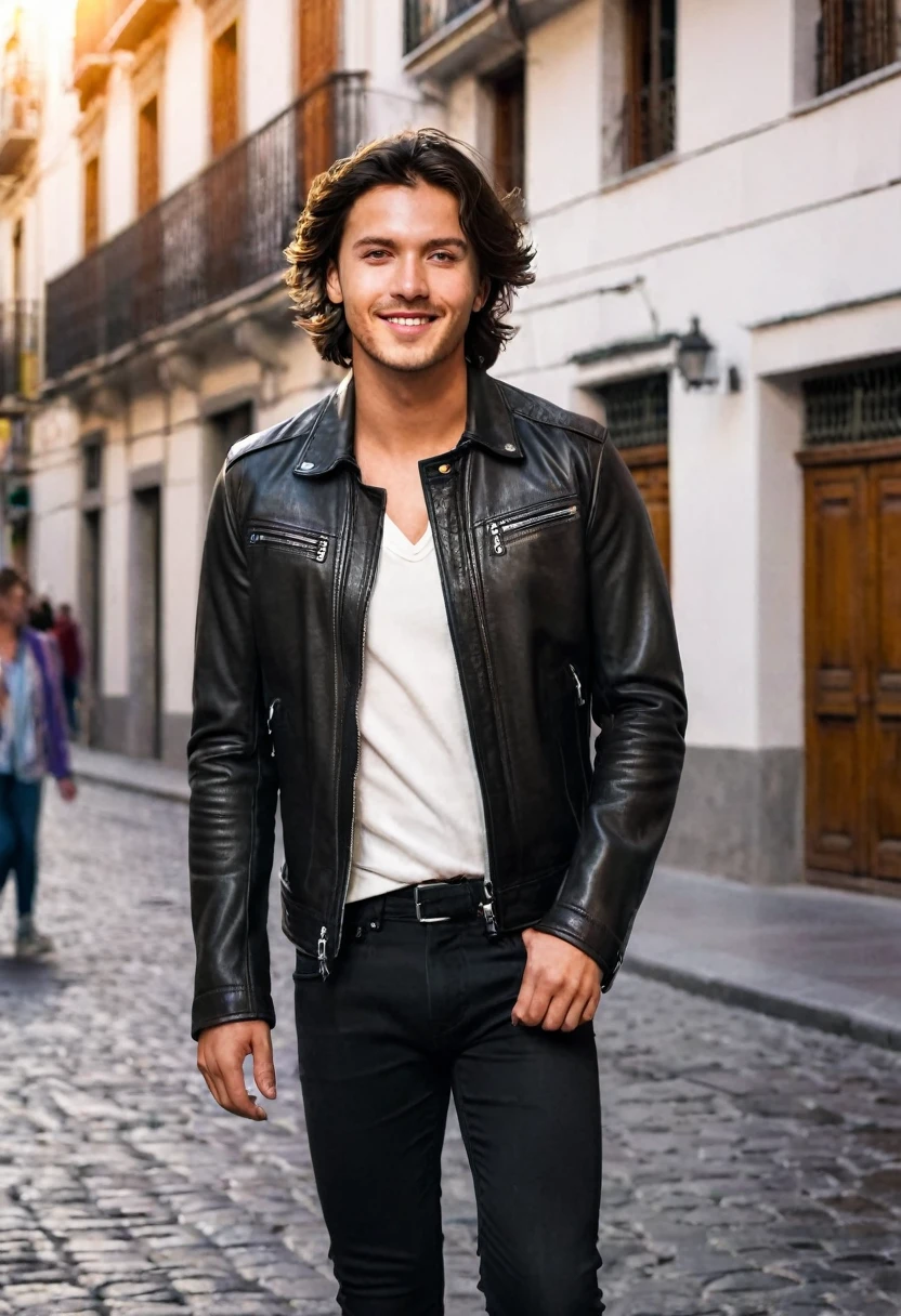 24 year old man, with slightly wavy dark brown hair,
walking confidently through the lively cobblestone streets of Madrid,
Spain. Wear a trendy leather jacket over a crisp white shirt, tight black pants and designer boots. His gaze reflects determination and his face shows a slight smile., while enjoying the hustle and bustle of the city at sunset.