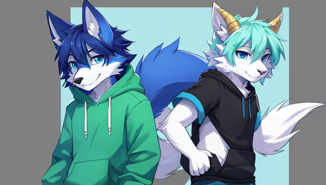 Furry blue fox with green,purple hair and blue eyes in a green hoodie.furry Furred dragon hybrid with goat wearing black shirt