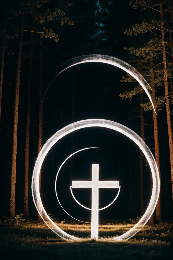 Circle surrounded by white smoke, clear and exact,  in the middle a cross with north cardinal signs, on, East and West, on a dark night forest background, 