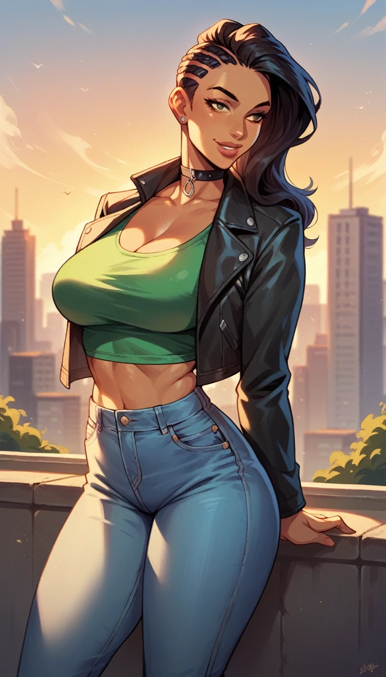 laura matsuda, mature, brown skin, green cropped, black jacket, chocker, jeans, looking around, smile, morning, city, strong, closed lips, full lips